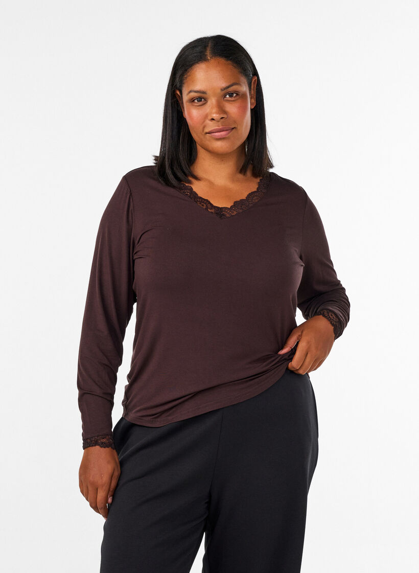 Bluse aus Viskose mit Spitzen und V-Ausschnitt, Braun, Model image number 0