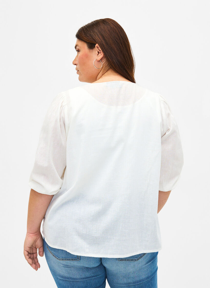 Baumwollbluse mit 3/4-Ärmeln aus einer Baumwollmischung mit Leinen, Bright White, Model image number 1