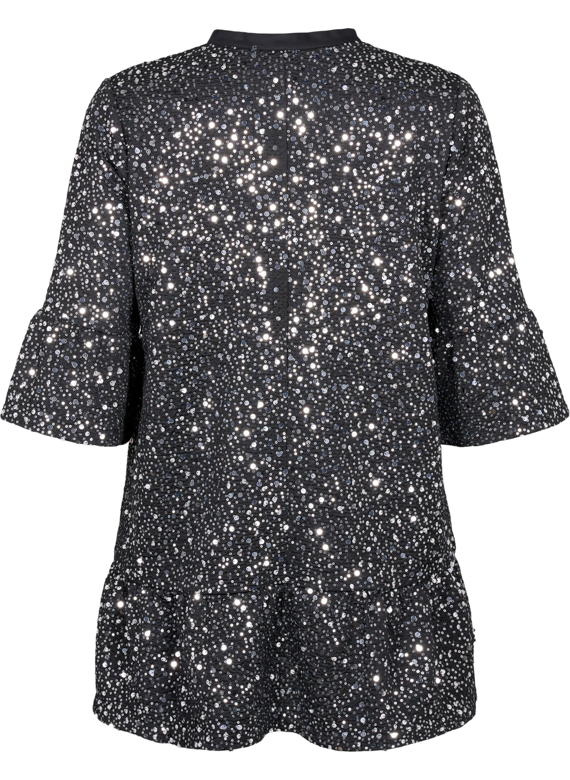 Zizzi Paillettenkleid mit V-Ausschnitt und 3/4-&Auml;rmeln, Black w. Sequins, Packshot image number 1