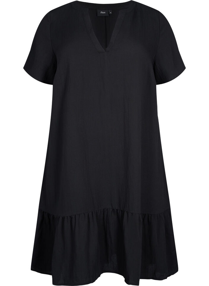 Kurzärmeliges Viskosekleid mit V-Ausschnitt, Black, Packshot image number 0