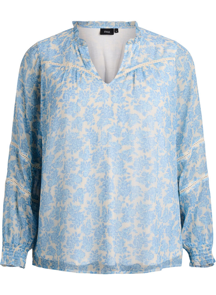 Chiffonbluse mit Blumenprint und H&auml;kelborte, Blau, Packshot image number 0