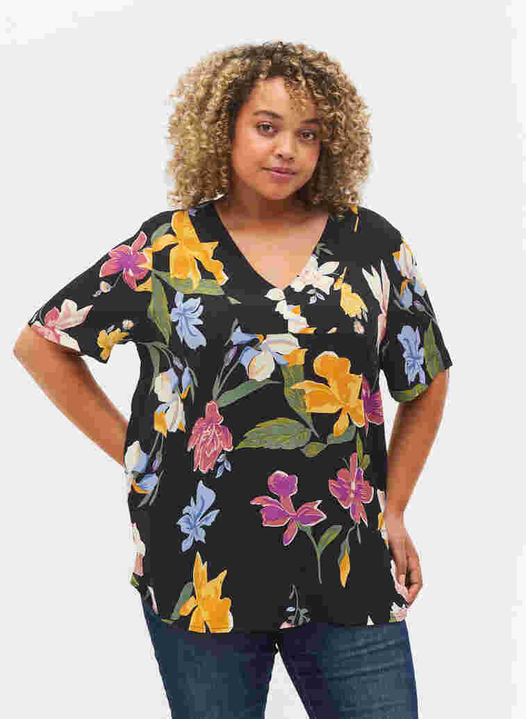 Kurzärmelige Bluse aus geblümter Viskose, Big Flower AOP, Model image number 0