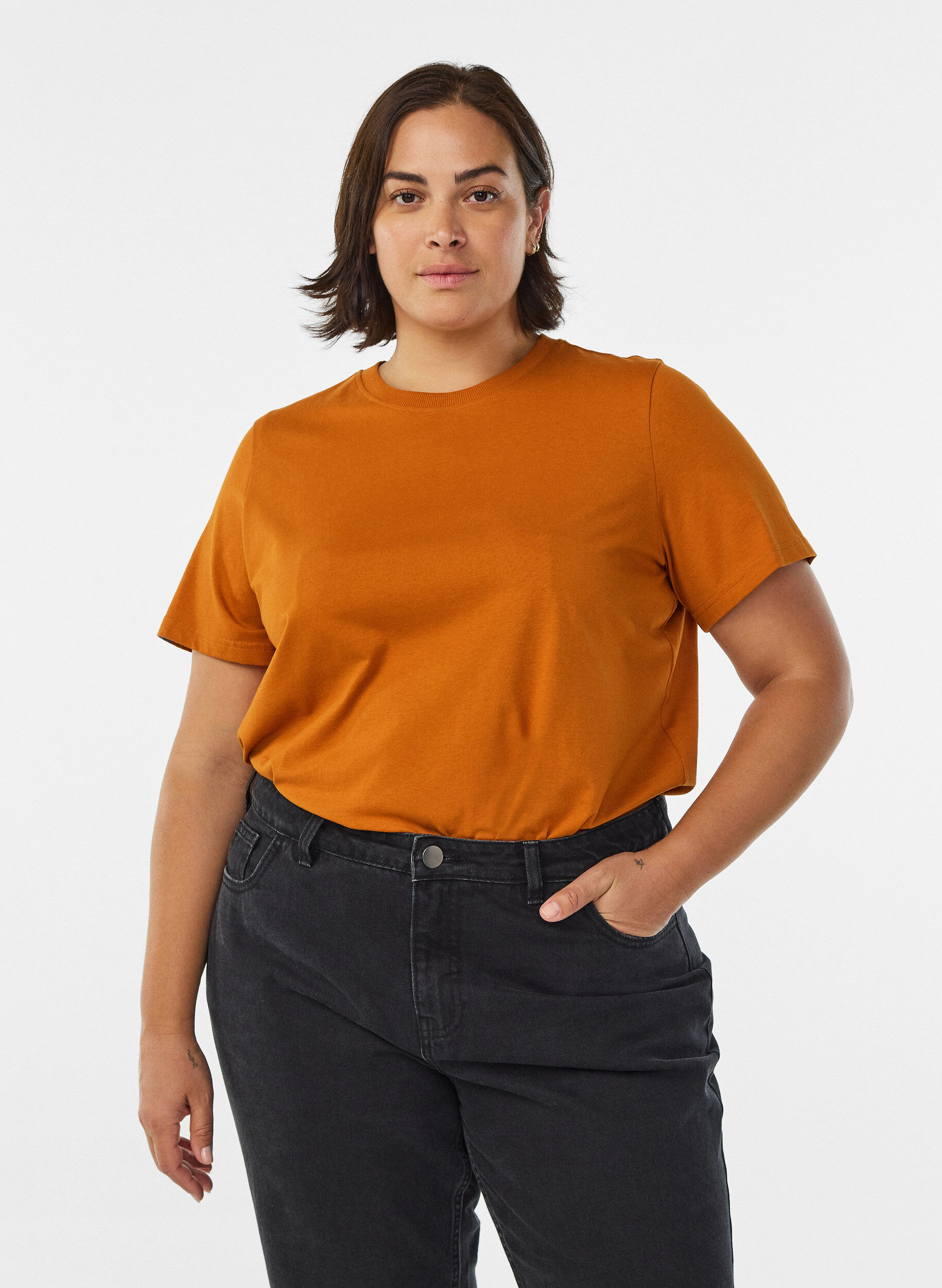 ZizziBasic-T-Shirt aus Baumwolle mit Rundhalsausschnitt, Orange, Model image number 0