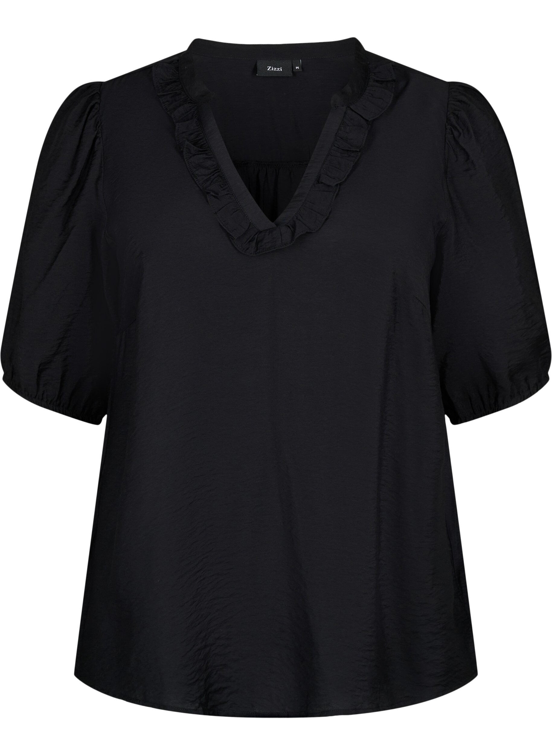 Zizzi Viskosebluse mit Puff&auml;rmeln und R&uuml;schen, Black, Packshot image number 0