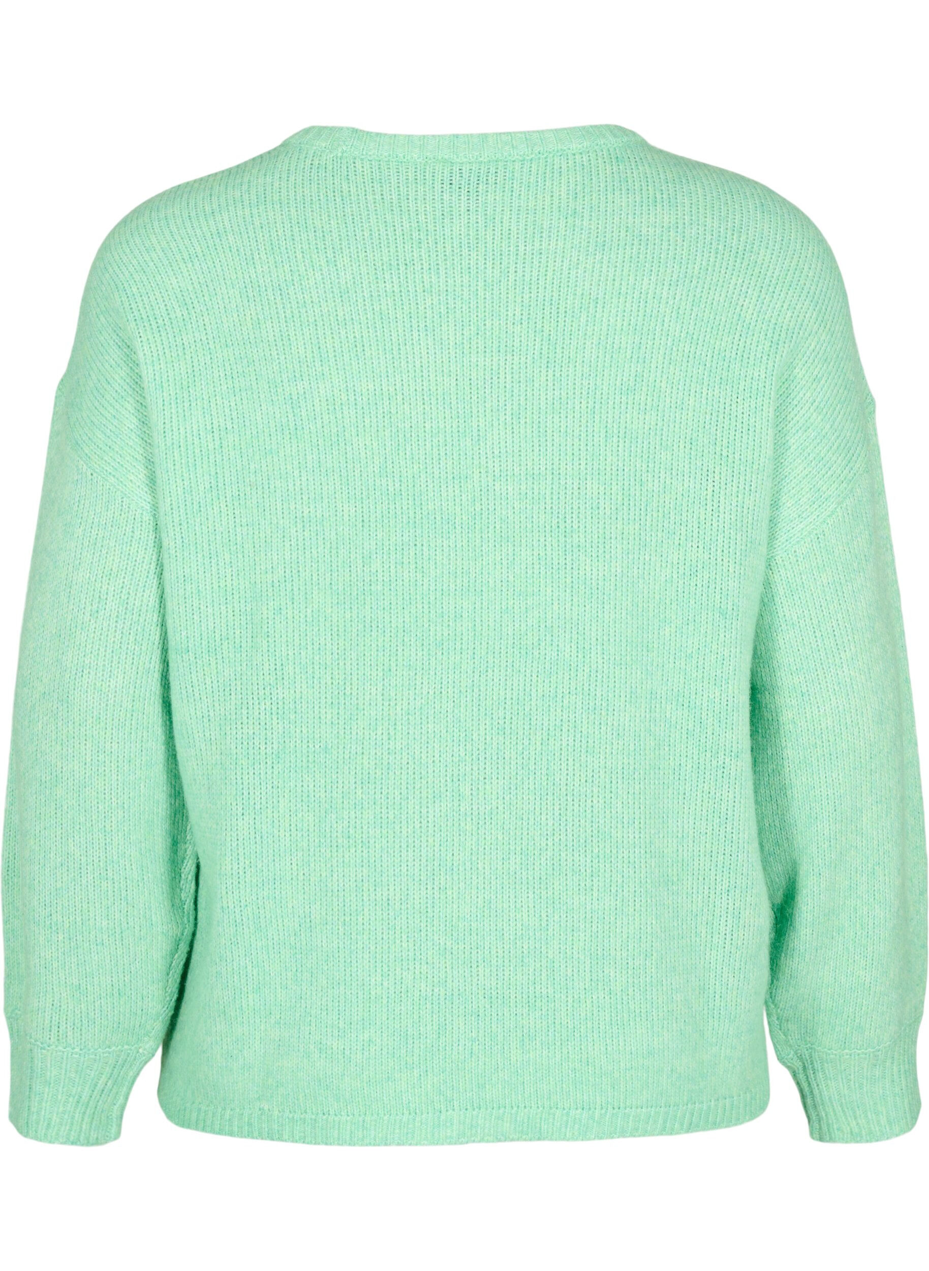 Zizzi Lang&auml;rmliger Strickpullover mit Wollanteil und Rundhalsausschnitt, Light G. Green Mel., Packshot image number 1