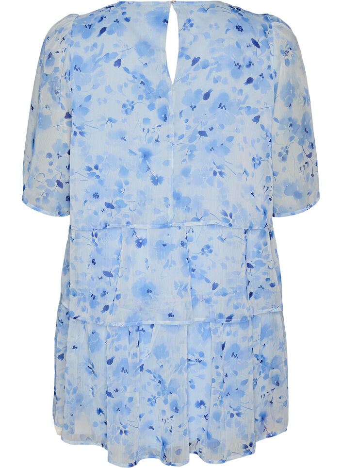 Kurzes Kleid in Chiffon-Optik mit Blumenprint und Volantlagen, Blau, Packshot image number 1
