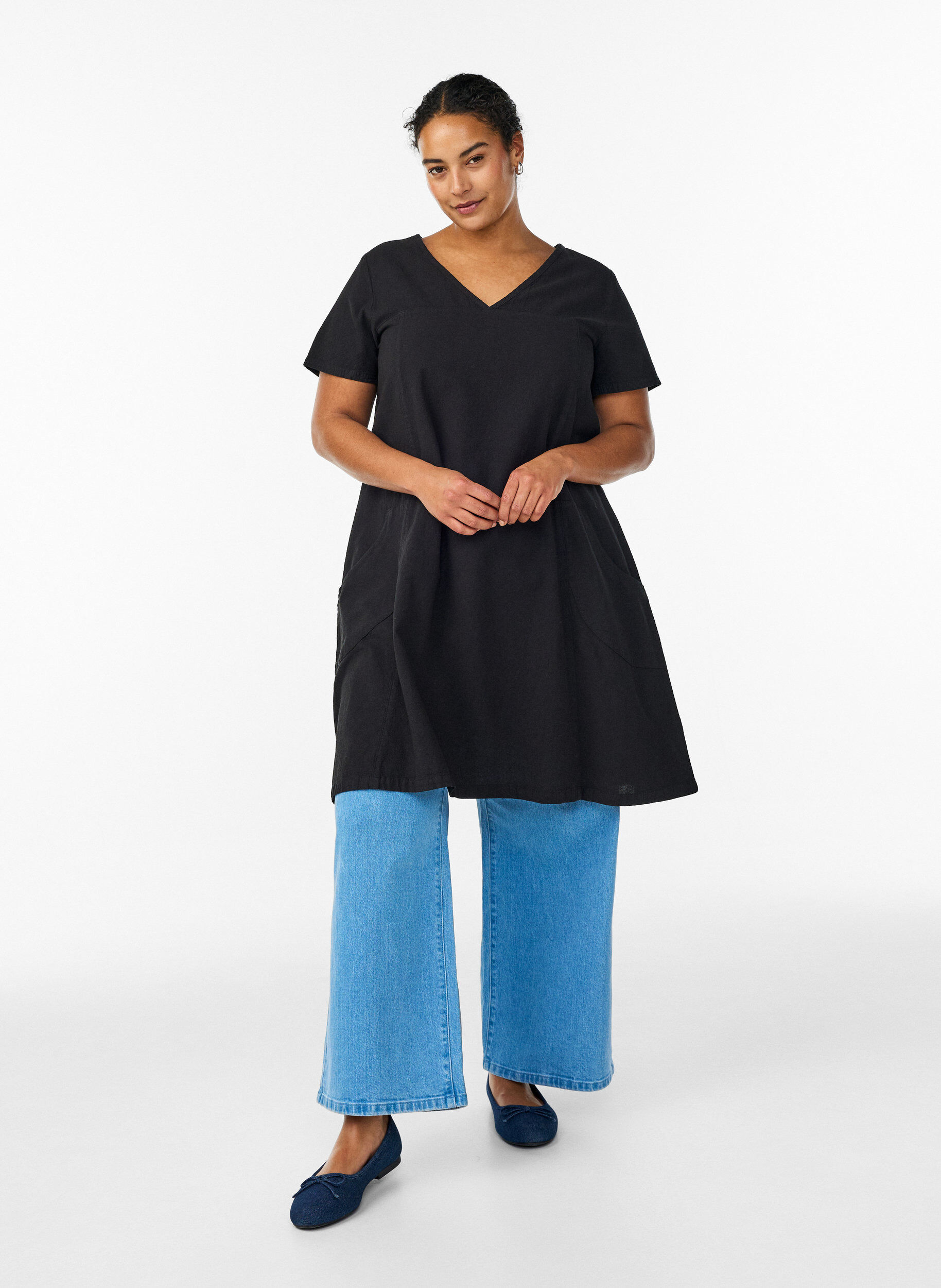 ZizziKurzarm Kleid aus Baumwolle, Schwarz, Model image number 1