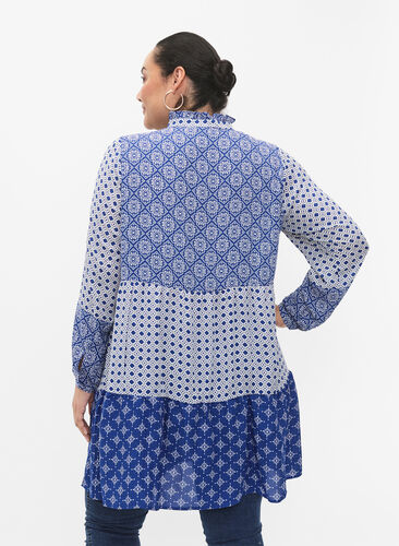 A-förmiges Kleid mit Mustern und Schnittlinien, Blue AOP, Model image number 1