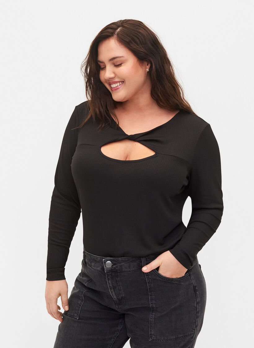 Bluse mit Cut-Out und langen Ärmeln, Black, Model image number 0