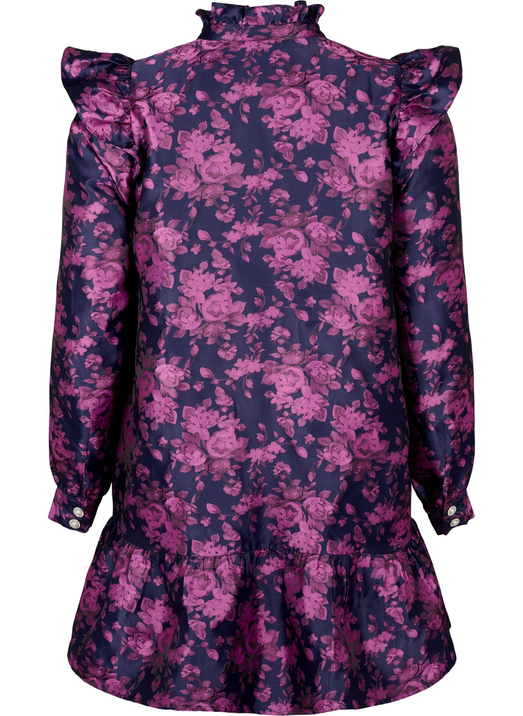 Zizzi Kleid mit R&uuml;schendetail und Perlenkn&ouml;pfen, Dark Blue Pink, Packshot image number 1