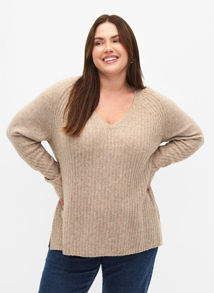 Strickpullover mit Schlitz, Simply Taupe Mel., Model image number 0