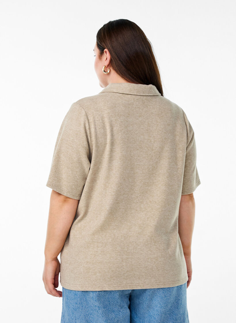 Jersey Bluse mit Kragen und kurzen Ärmeln, Braun, Model image number 2