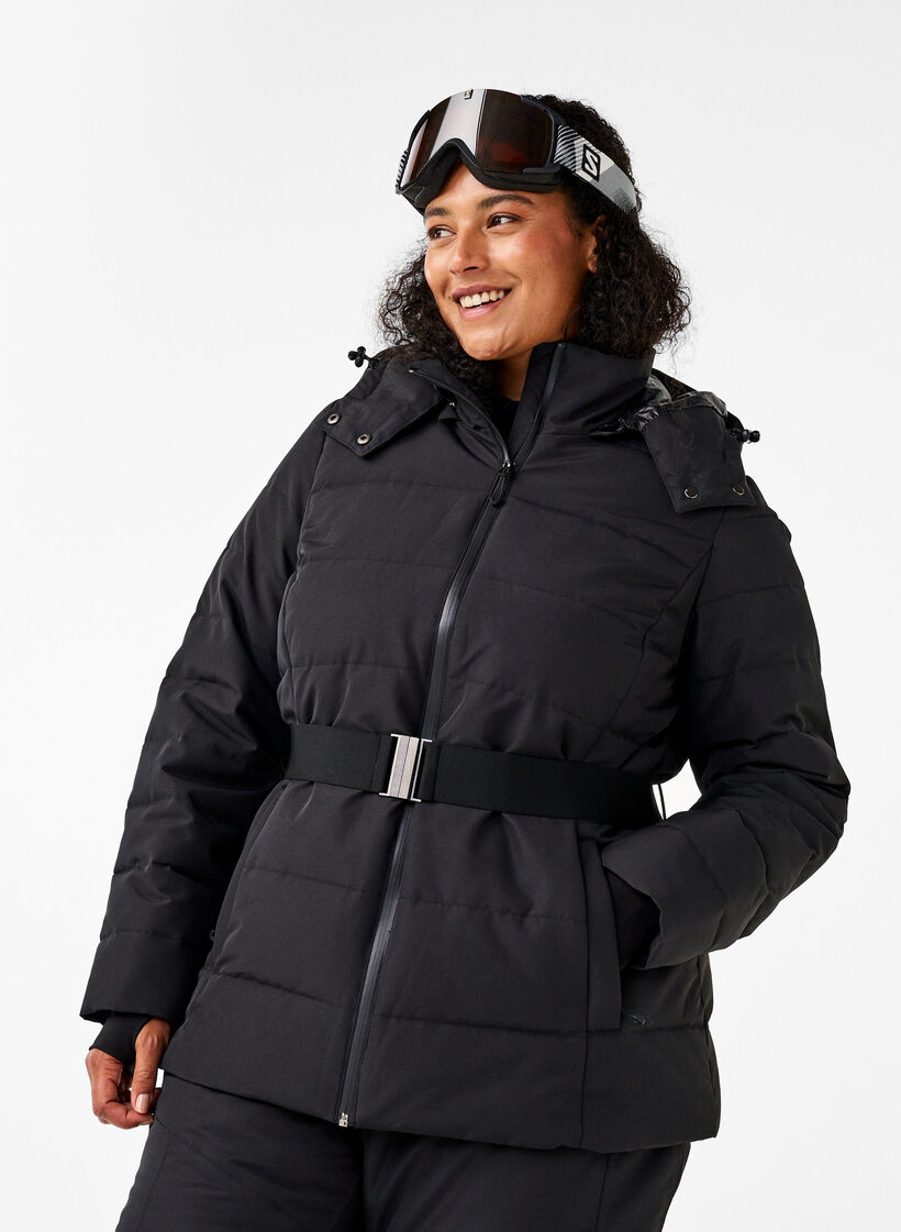 Ski-Jacke mit Kapuze und Gürtel, Black, Model image number 0