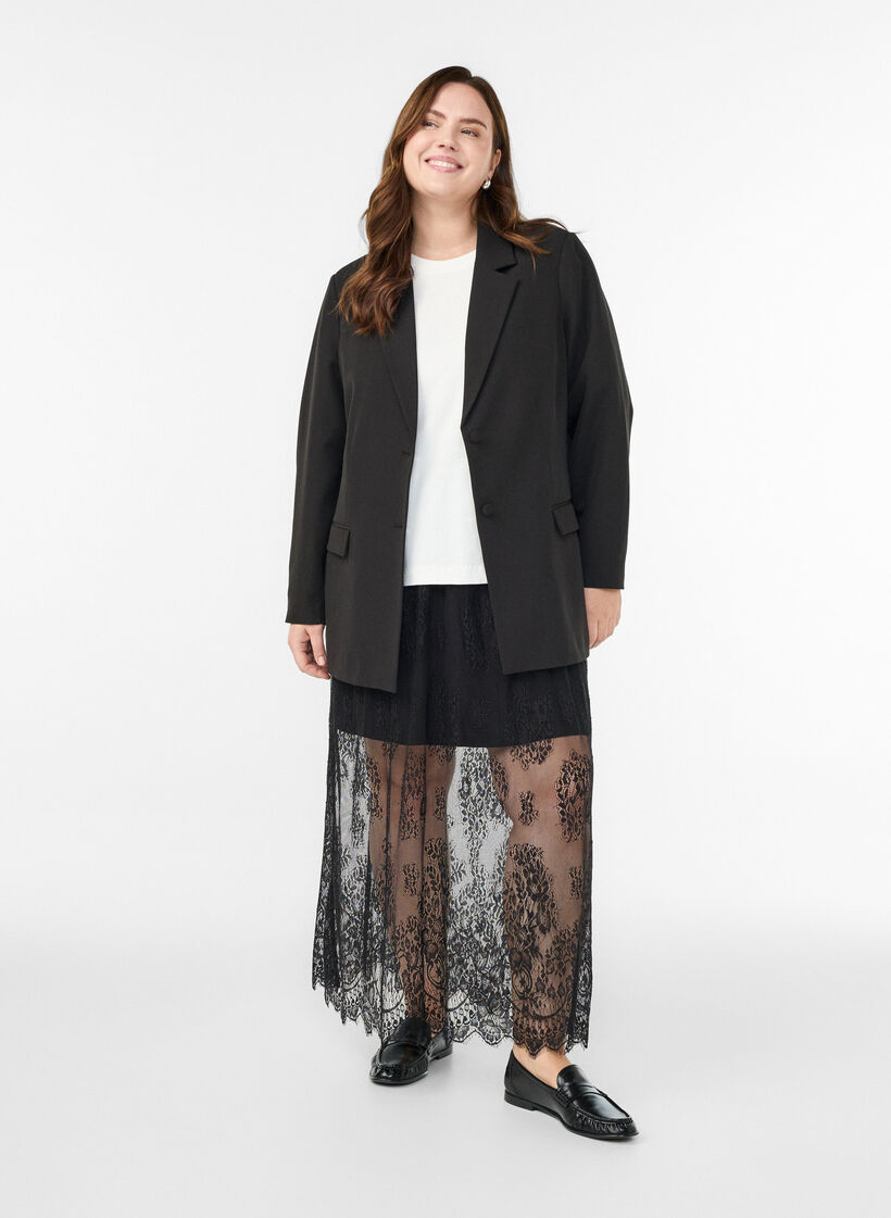 Langer Spitzenrock mit elastischem Bund, Schwarz, Model image number 0