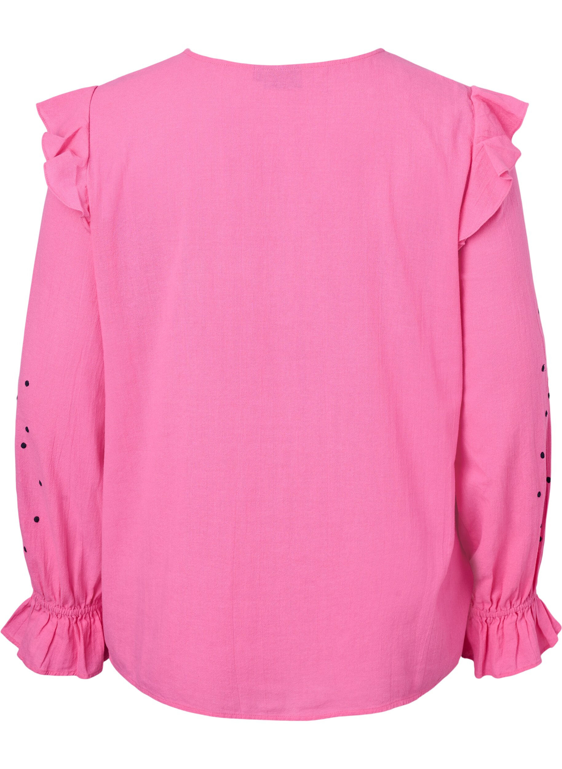Zizzi Baumwollbluse mit Stickerei und R&uuml;schen, Pink, Packshot image number 1