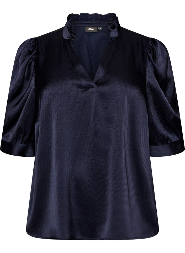 Bluse in Satin-Optik mit 1/2-&Auml;rmeln und R&uuml;schenkragen, Blau, Packshot image number 0