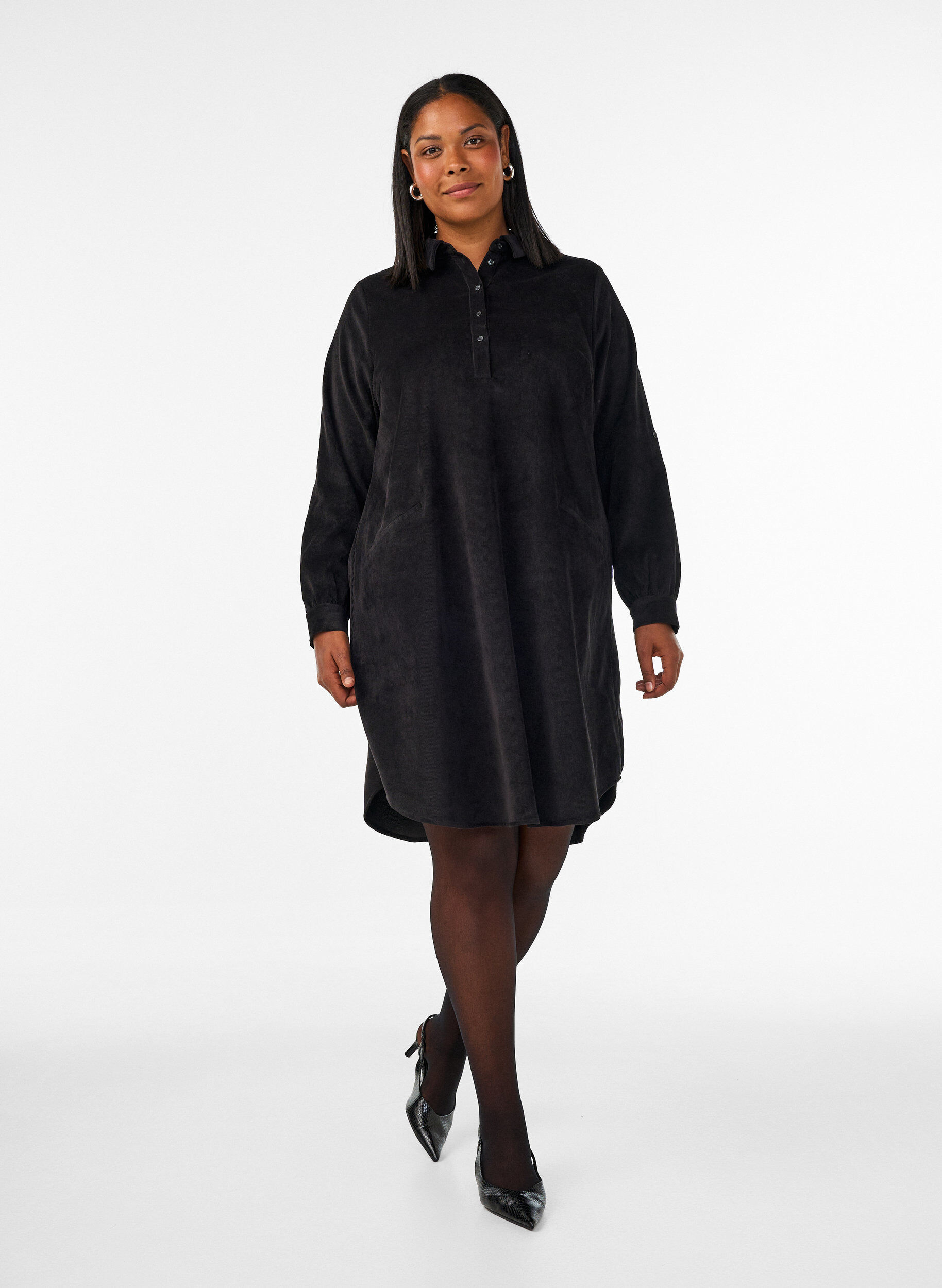 ZizziHemdblusenkleid aus Cord mit Kragen und Knopfleiste, Schwarz, Model image number 1
