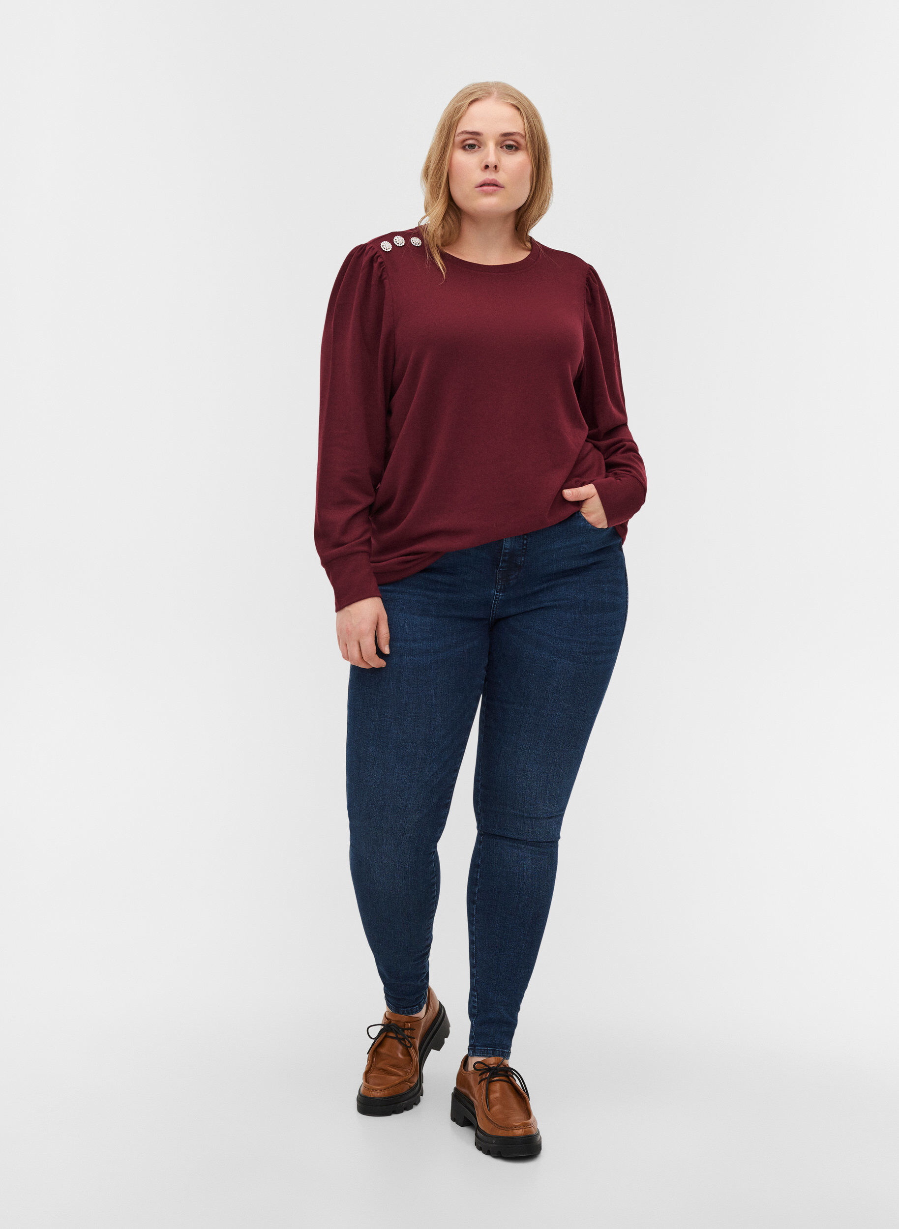 Zizzi Langarm Bluse mit Schulterdetail, Port Royal, Model image number 3