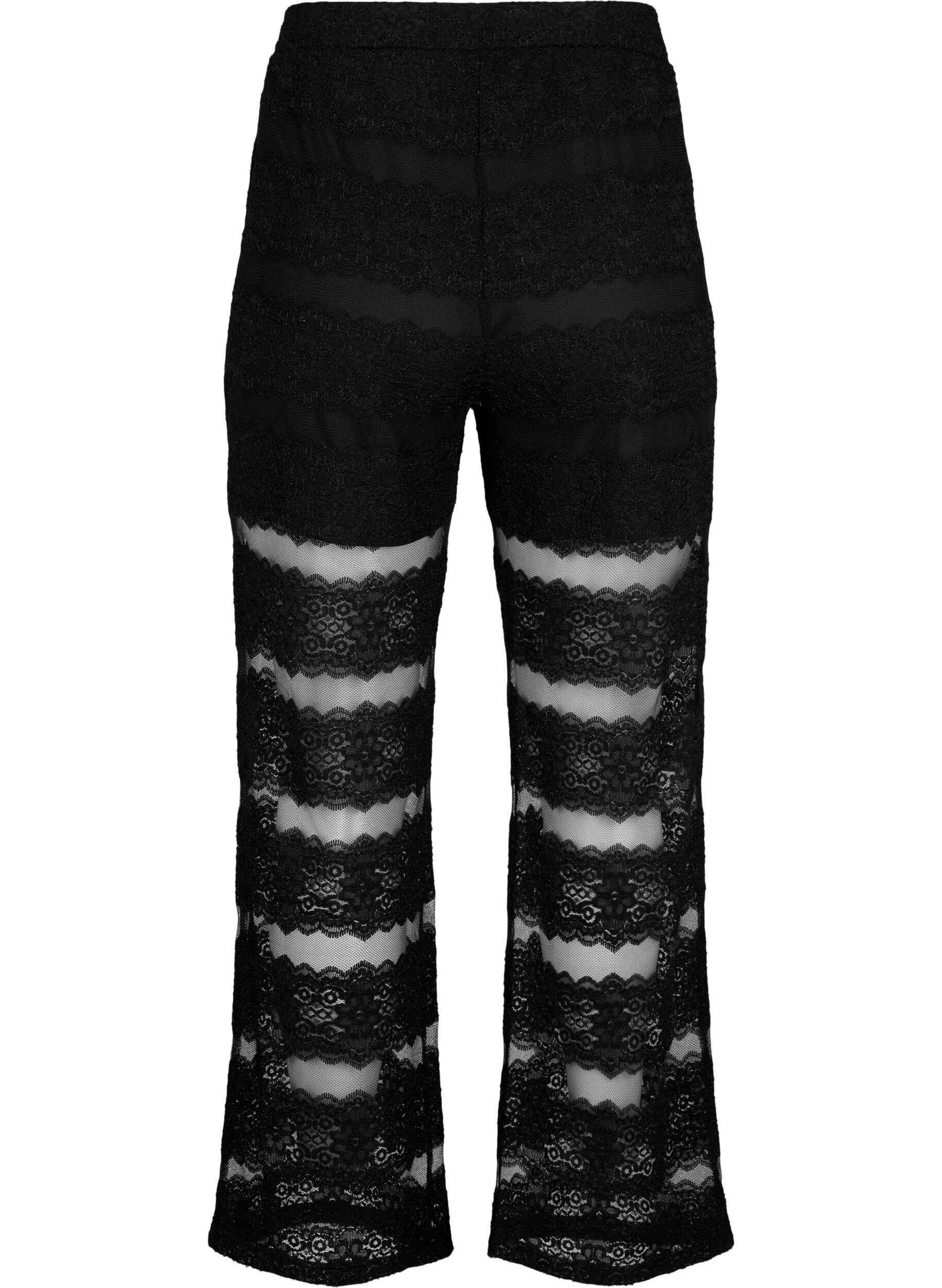 Zizzi Lockere Hose mit Spitze und transparentem Mesh, Black, Packshot image number 1