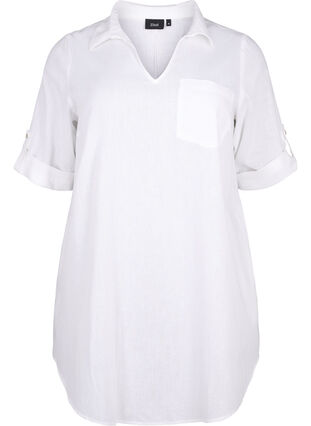 Tunika mit kurzen Ärmeln aus Baumwollgemisch mit Leinen, Bright White, Packshot image number 0