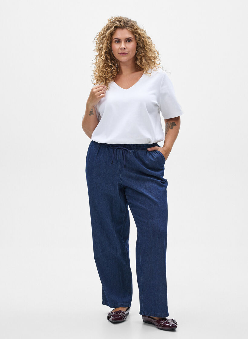Gerade geschnittene Jeans mit elastischem Bund, Blau, Model image number 0