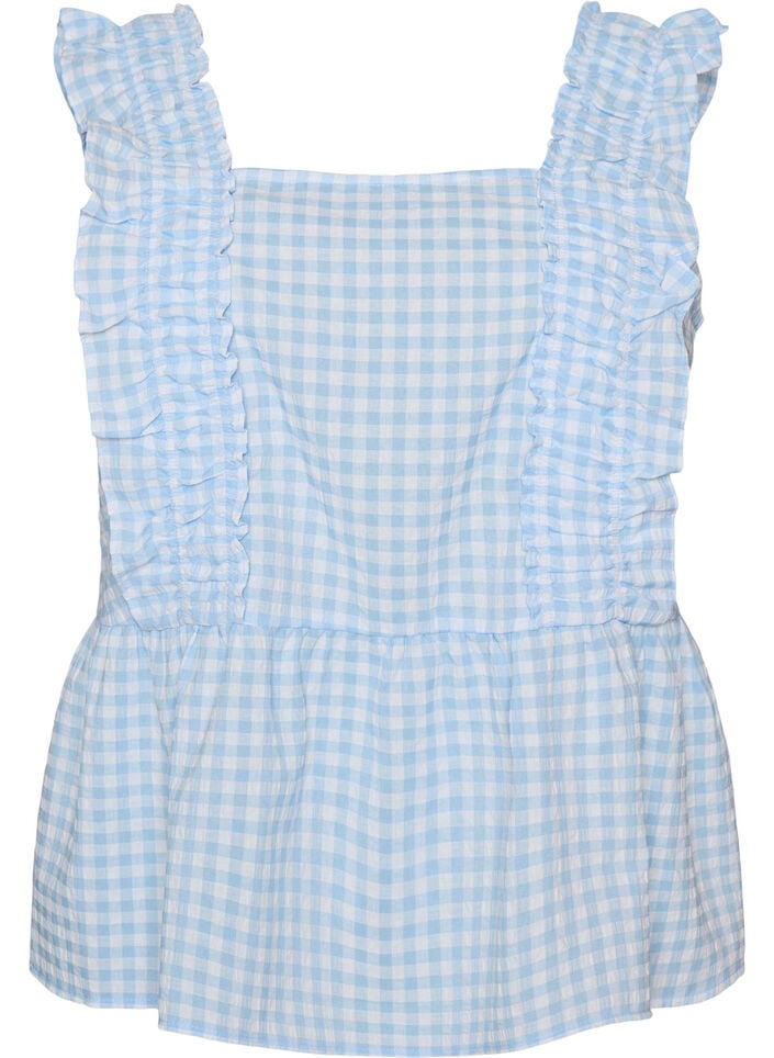 Top mit Karos und R&uuml;schendetails, Blau, Packshot image number 0
