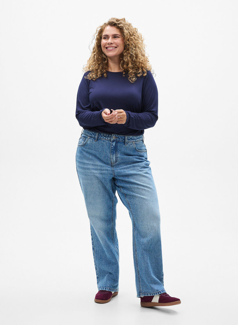 Einfarbige Bluse mit langen &Auml;rmeln, Blau, Model image number 1