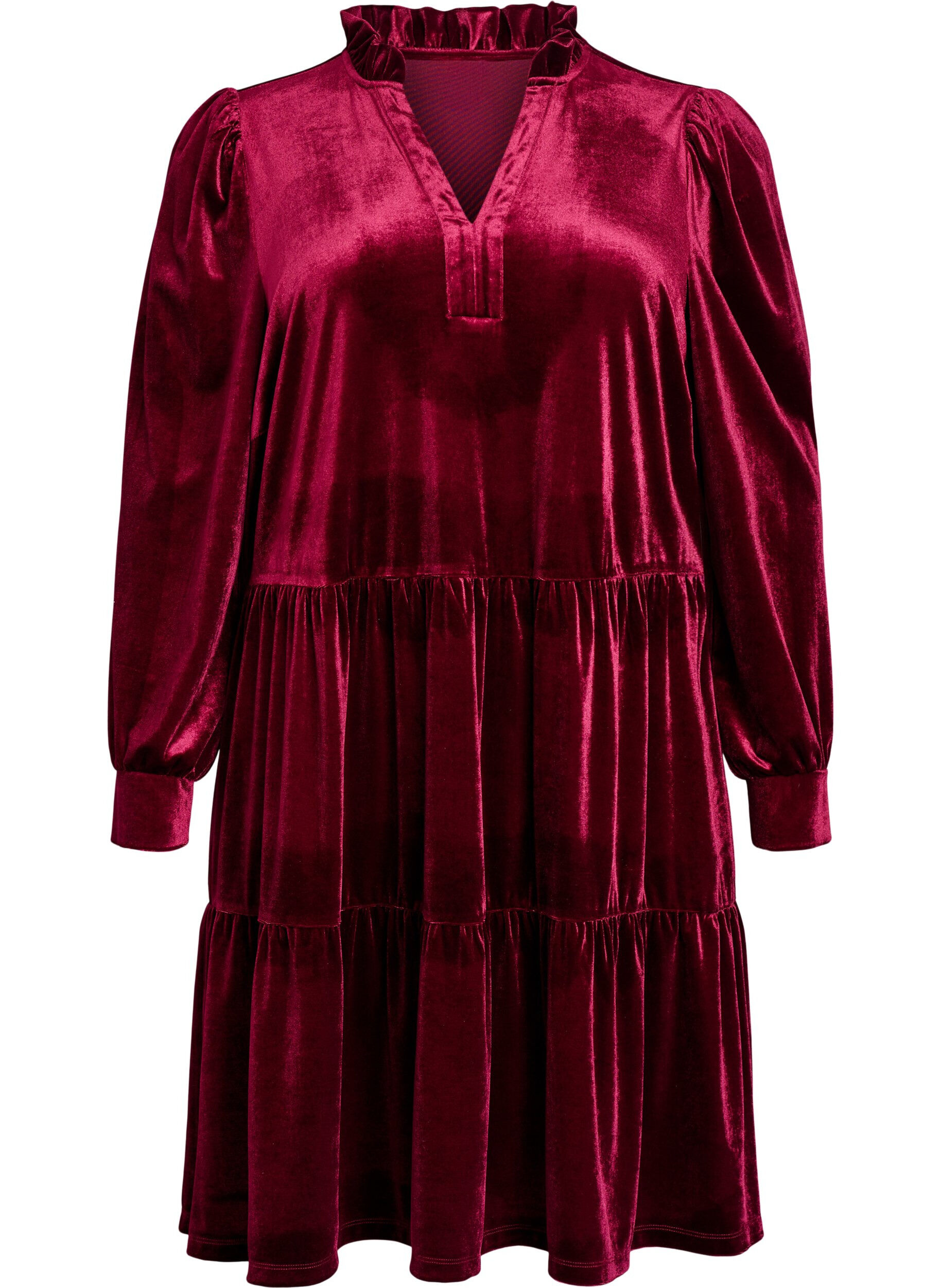Kurzes Kleid aus Velours mit R&uuml;schenkragen und langen &Auml;rmeln