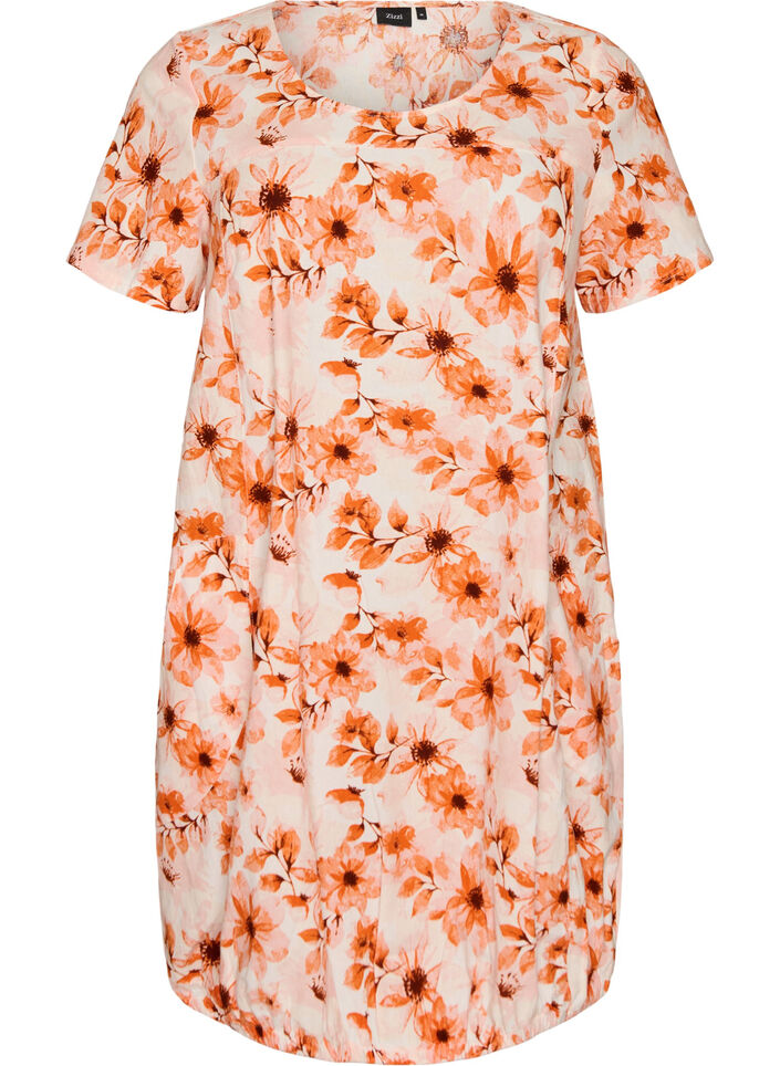 Kurz&auml;rmliges Baumwollkleid mit Aufdruck, Orange, Packshot image number 0