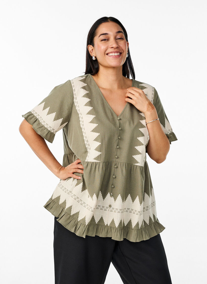 Kurze Bluse mit Rüschen und Grafikmuster, Grün, Model image number 0