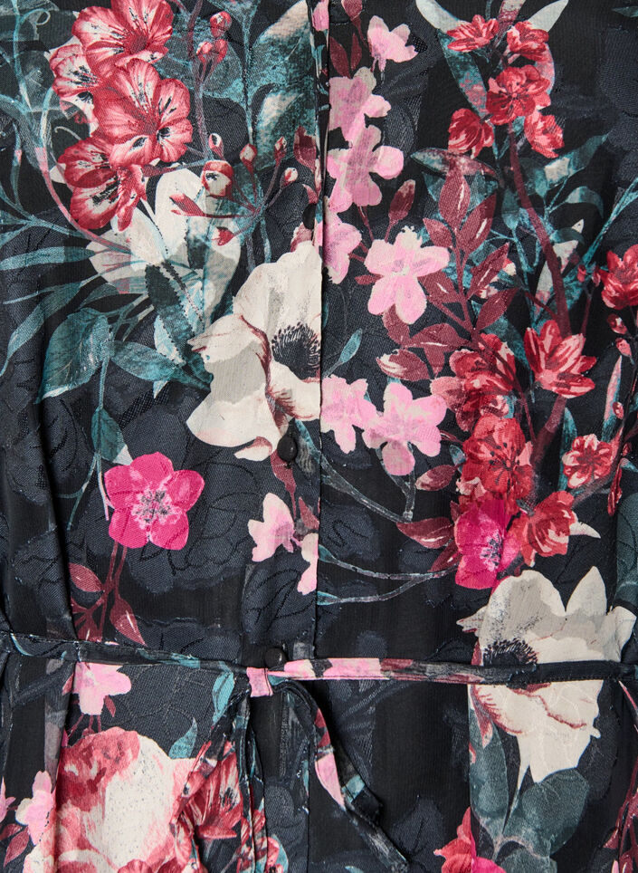 Gebl&uuml;mtes Midikleid mit Webstruktur und Bindeg&uuml;rtel, Schwarz, Packshot image number 2