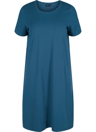 Kurzarm Kleid aus Baumwolle mit Schlitz, Majolica Blue, Packshot image number 0