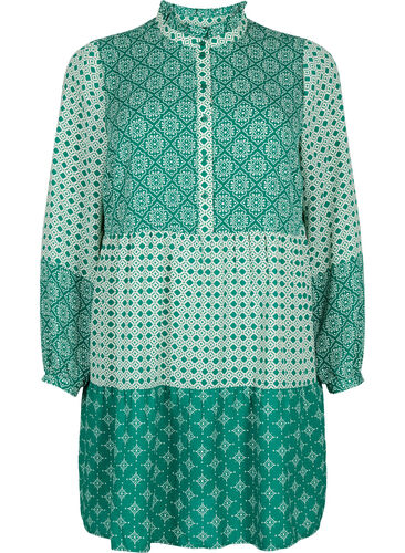 A-förmiges Kleid mit Mustern und Schnittlinien, Green AOP, Packshot image number 0