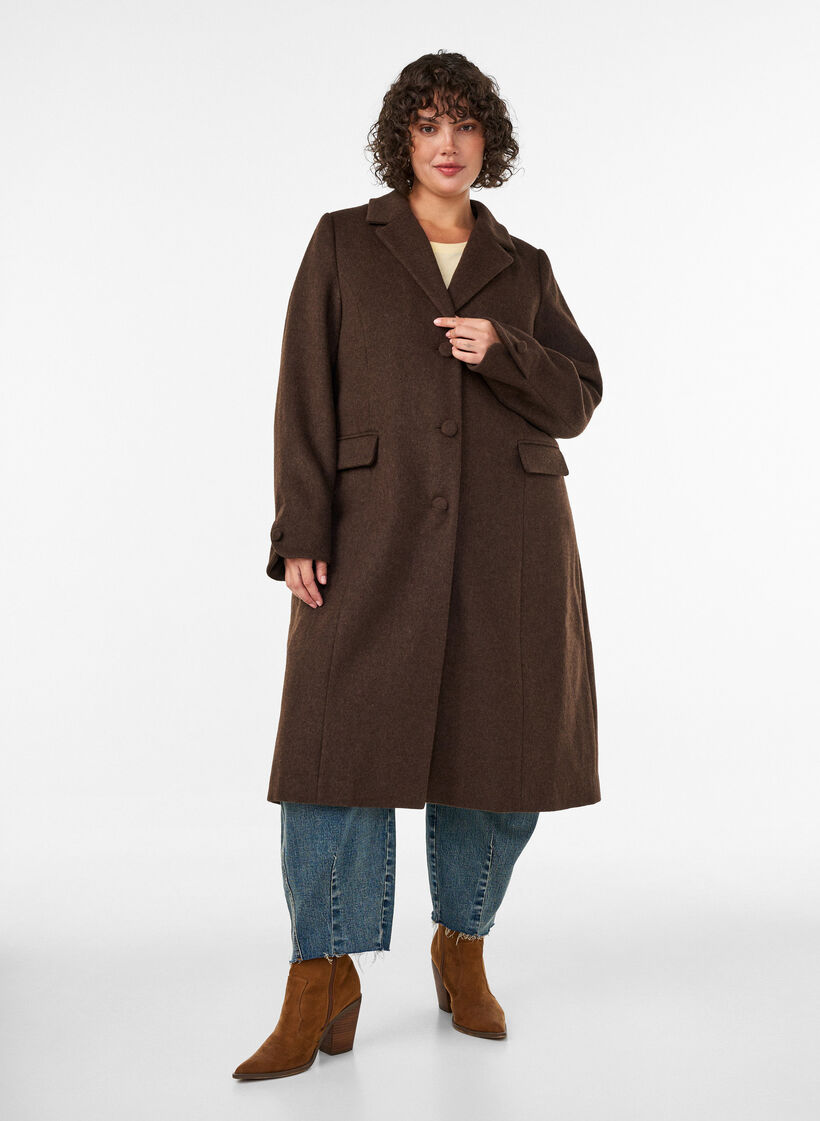 Mantel aus Wollmischung mit Revers und Kn&ouml;pfen, Braun, Model