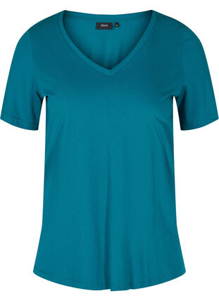 T-Shirt aus Bio-Baumwolle mit V-Ausschnitt, Maroccan Blue, Packshot image number 0