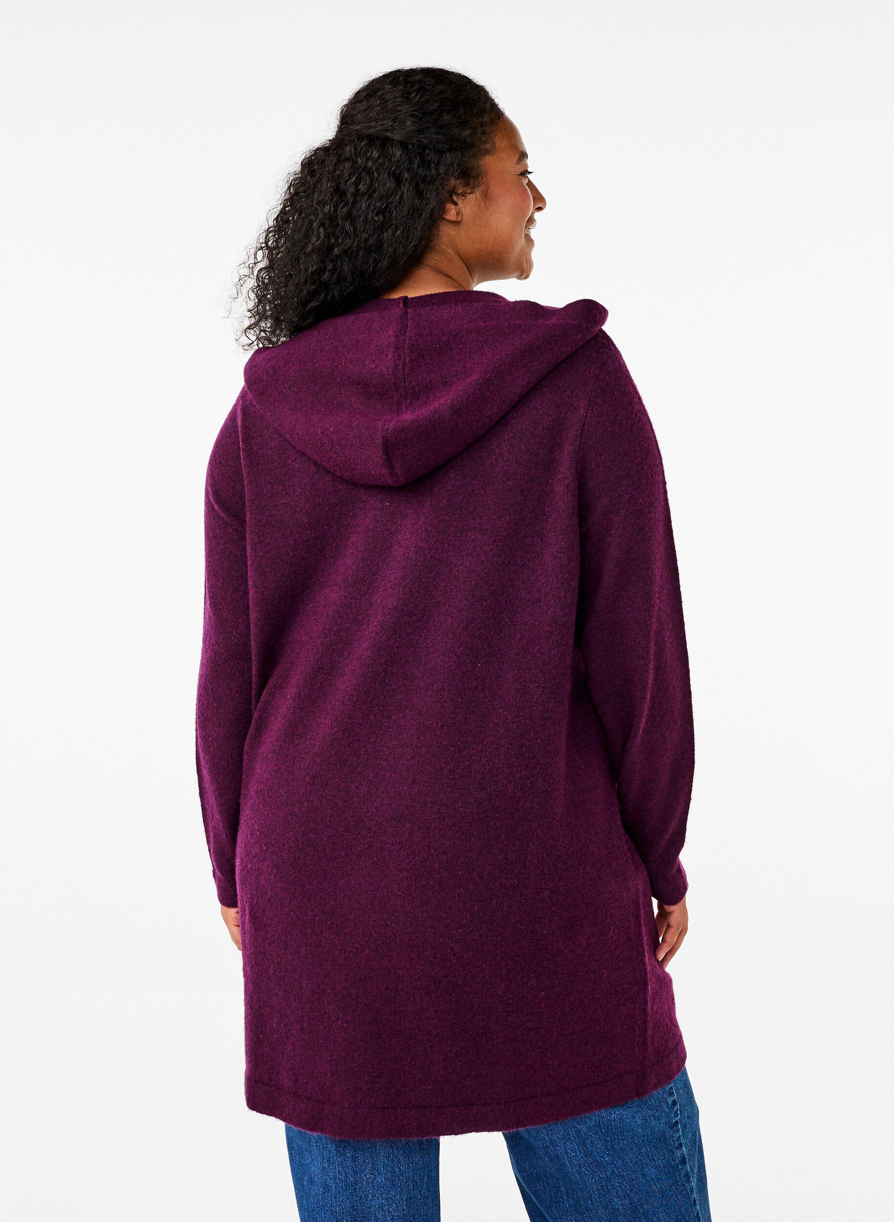 Zizzi Langer Strickcardigan aus Wolle mit Kapuze, Potent Purple Mel., Model image number 1