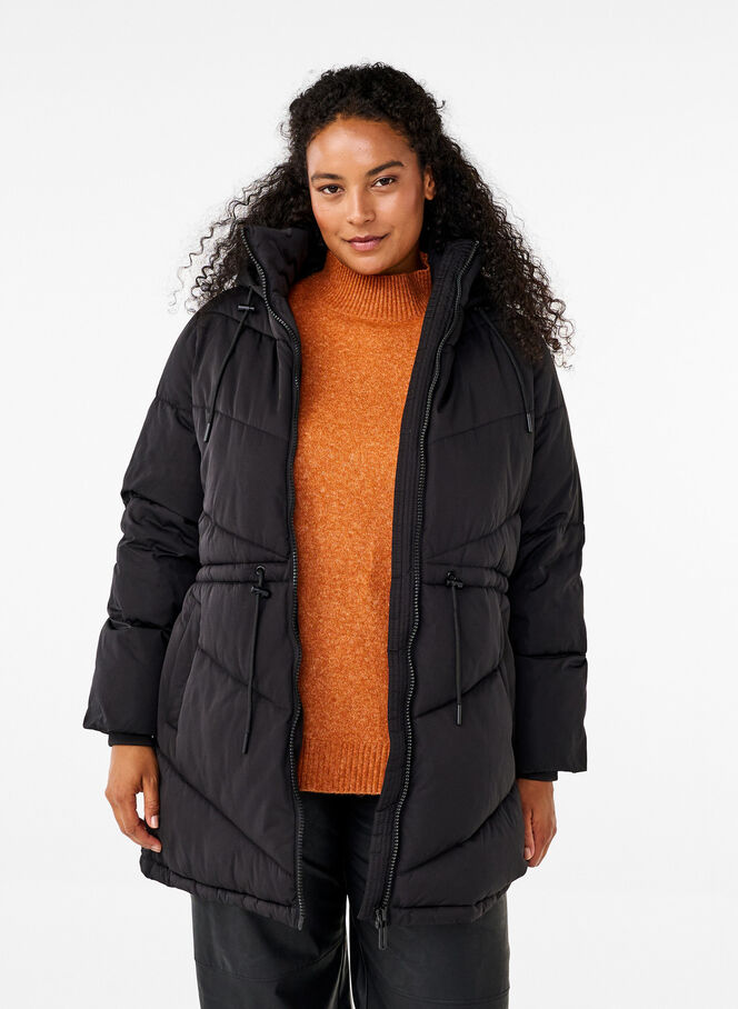 Mittellange Pufferjacke mit Kapuze - Schwarz - Gr. 42-64 - Zizzi