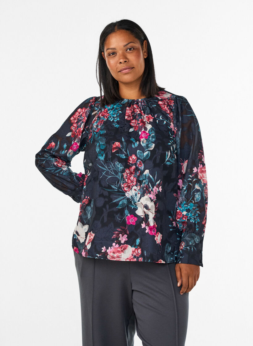 Gebl&uuml;mte Bluse mit Webstruktur, Schwarz, Model image number 0