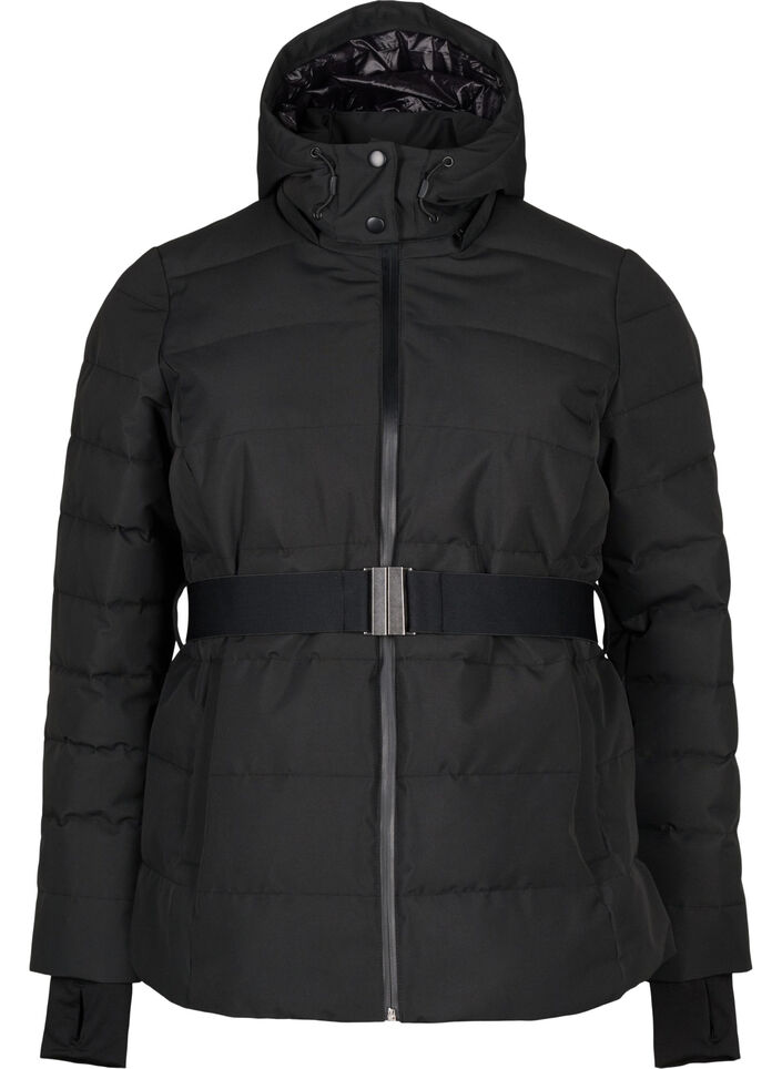 Ski-Jacke mit Kapuze und Gürtel, Black, Packshot image number 0