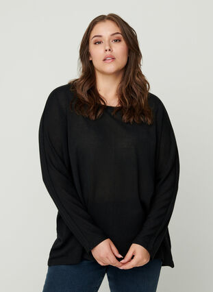 Einfarbige Bluse mit langen Ärmeln, Black, Model image number 0