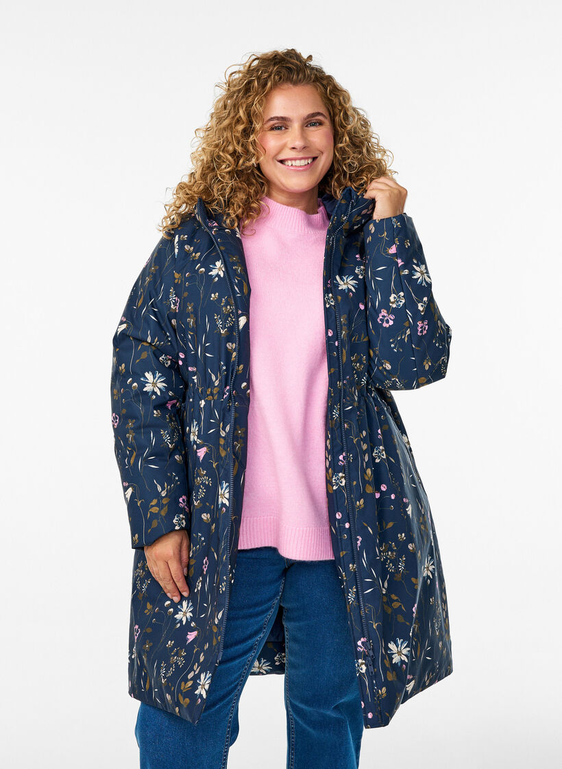Gepolsterte Winterjacke mit Blumenprint, Blau, Model image number 3