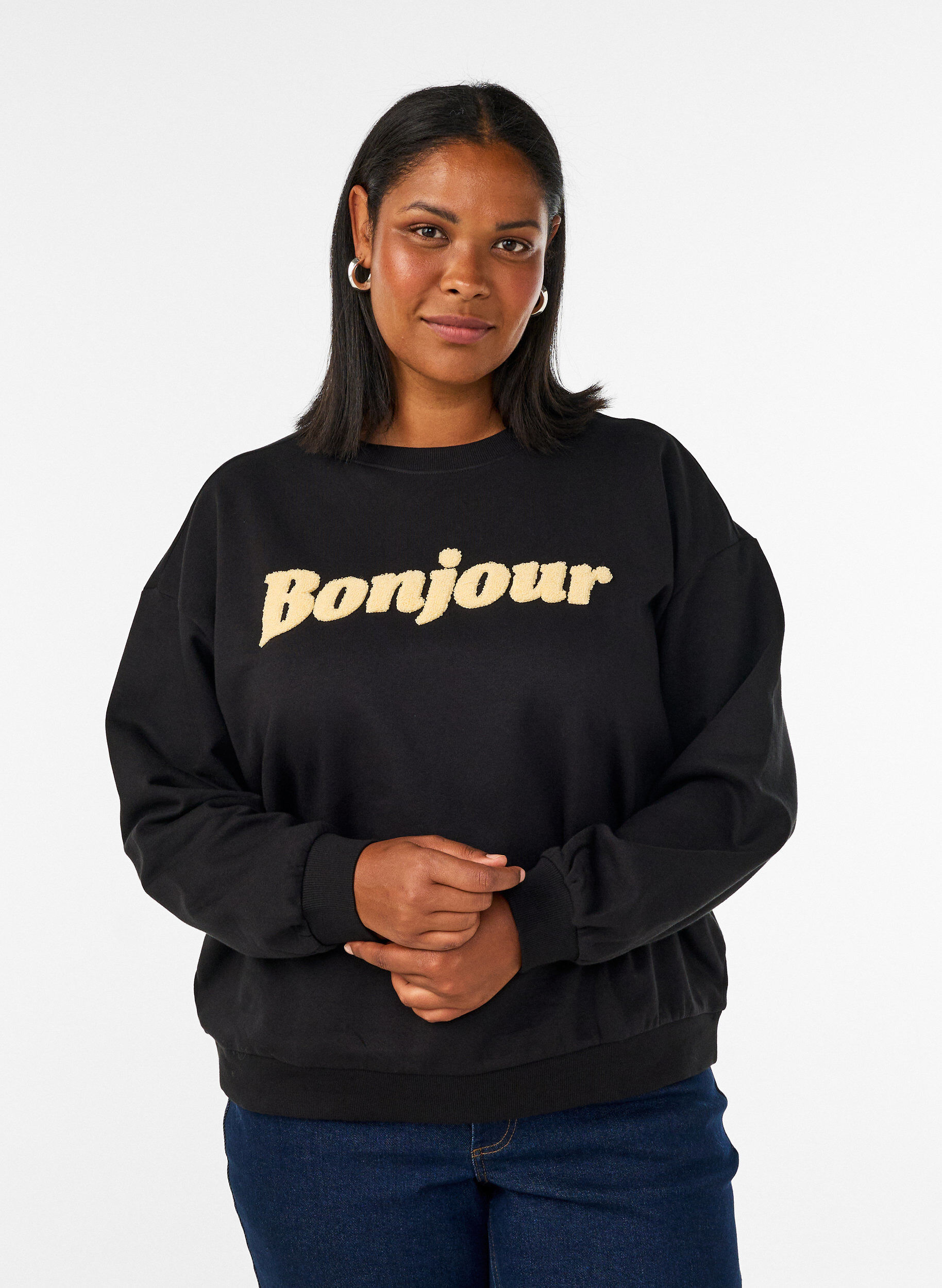 ZizziSweatshirt mit Boucl&eacute;-Textmotiv, Schwarz, Model image number 0