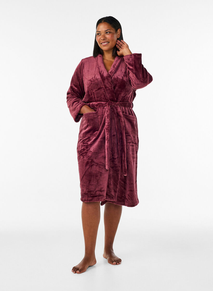 Morgenmantel aus weichem Velours mit Taschen, Rot, Model image number 0