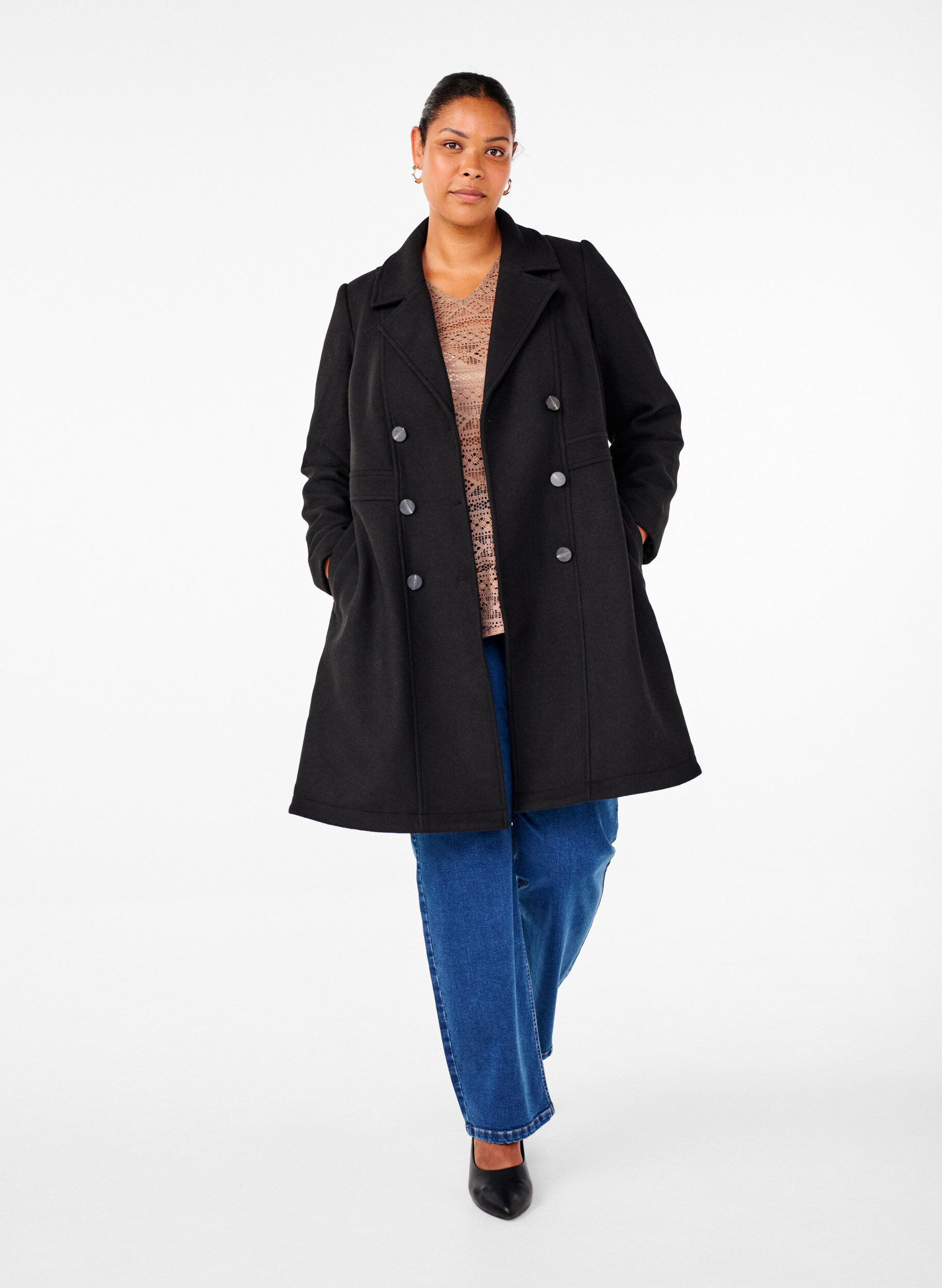 ZizziWollmantel in A-Linie mit Taschen, Schwarz, Model image number 1