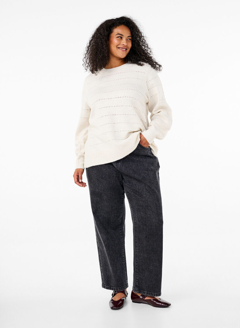 Strickbluse mit Rundhals und Spitzenmuster, Birch Mel., Model image number 2