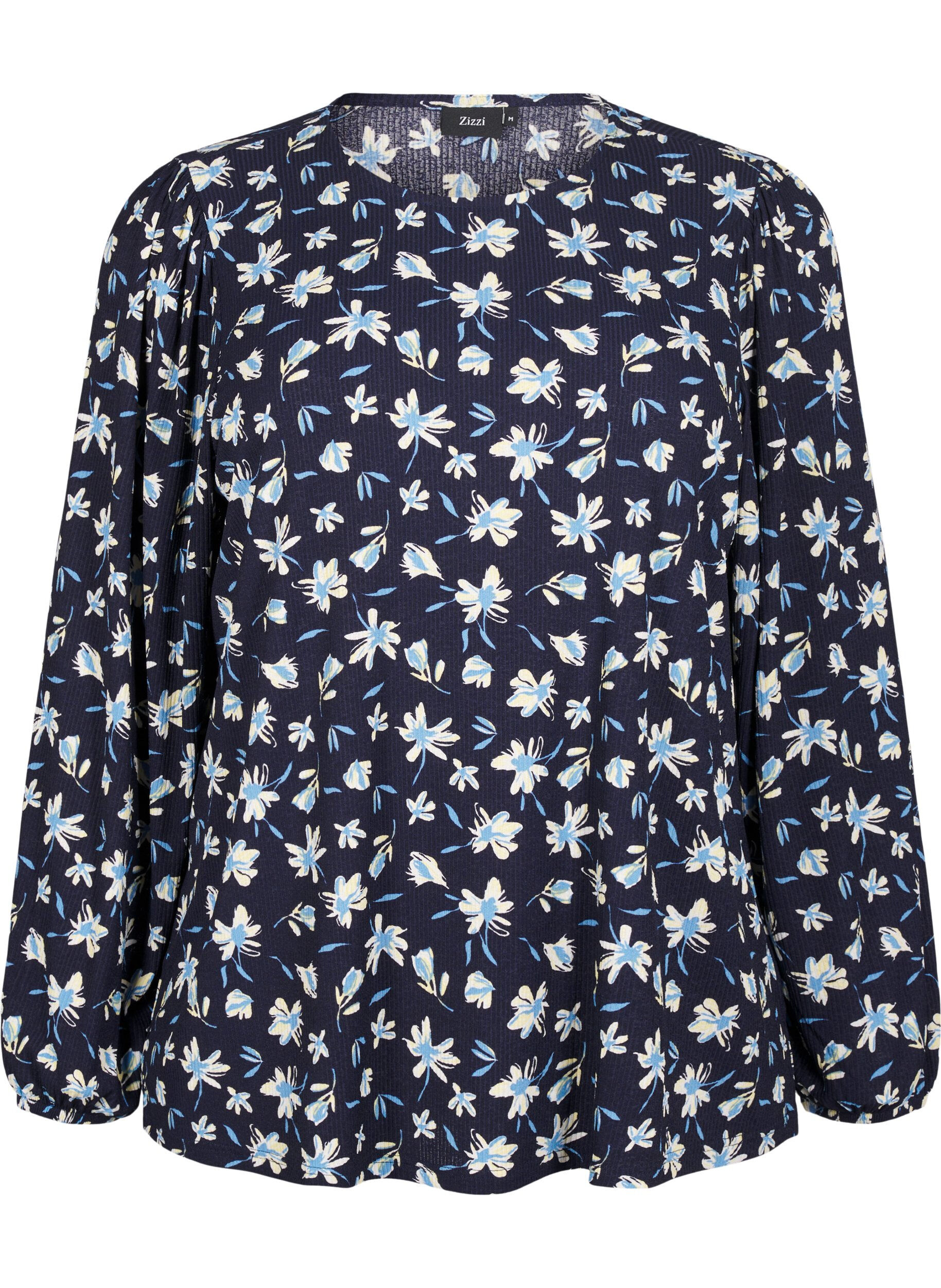 Zizzi Bluse mit langen &Auml;rmeln und gebl&uuml;mtem Print, Blau, Packshot image number 0