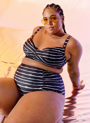 Bikini-Unterteil mit Streifen und hoher Taille, Black White Stripe, Image image number 0