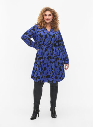 Bedrucktes Kleid mit Tunnelzug in der Taille, Black Blue AOP, Model image number 2