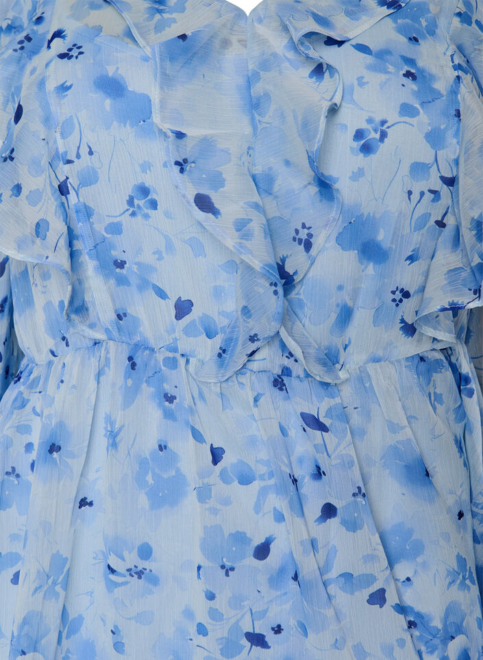 Gebl&uuml;mtes Kleid aus Chiffon mit R&uuml;schen und langen &Auml;rmeln, Blau, Packshot image number 2