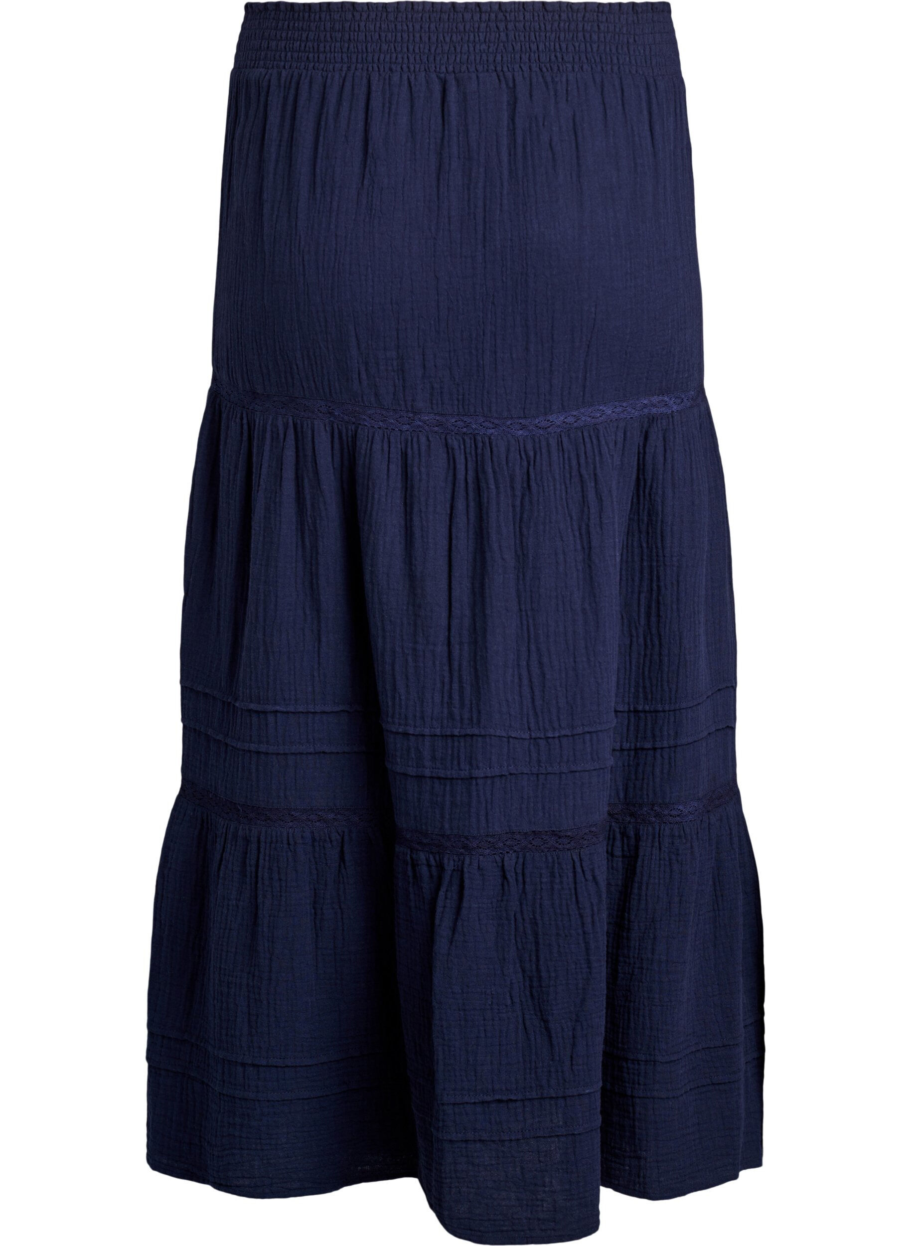 ZizziMidirock in A-Linie aus Baumwoll-Musselin mit H&auml;kelborte, Blau, Packshot image number 1